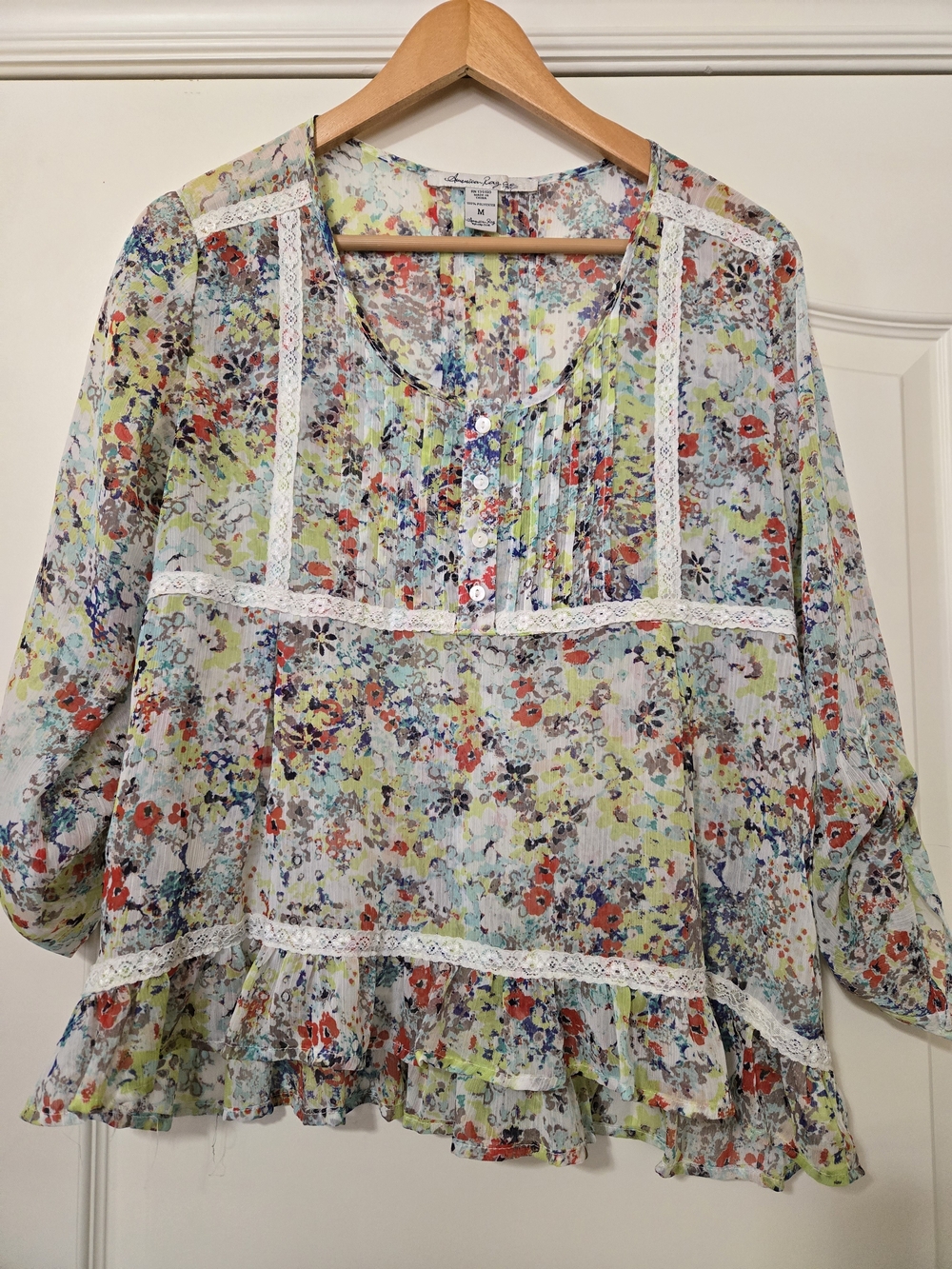 American Rag Sheer Floral Lace-Trim Blouse in White and Red Flowy